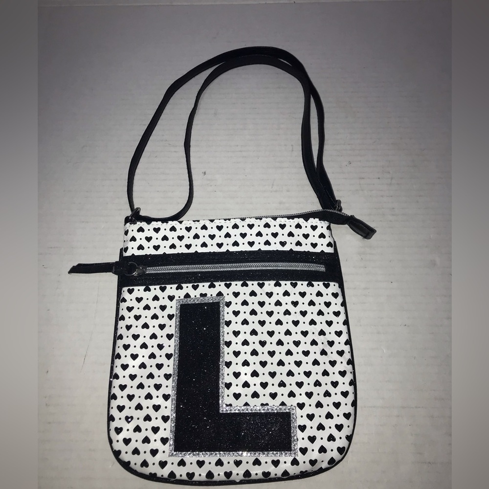 Vtg Y2K Justice “L” Initial Crossbody Bag Black & White